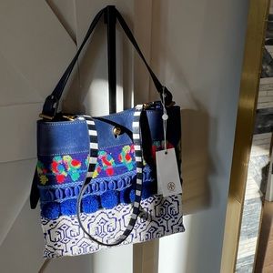 Tory Burch beaded and leather trim tropical style bag blue